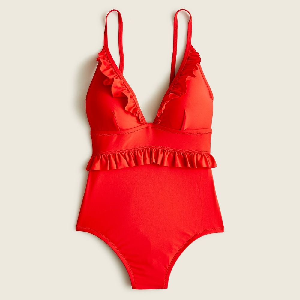J Crew Ruffle deep-V one-piece swimsuit in BRIGHT CERISE 24